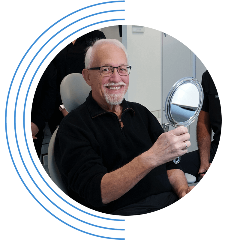 man with new smile blue border brand